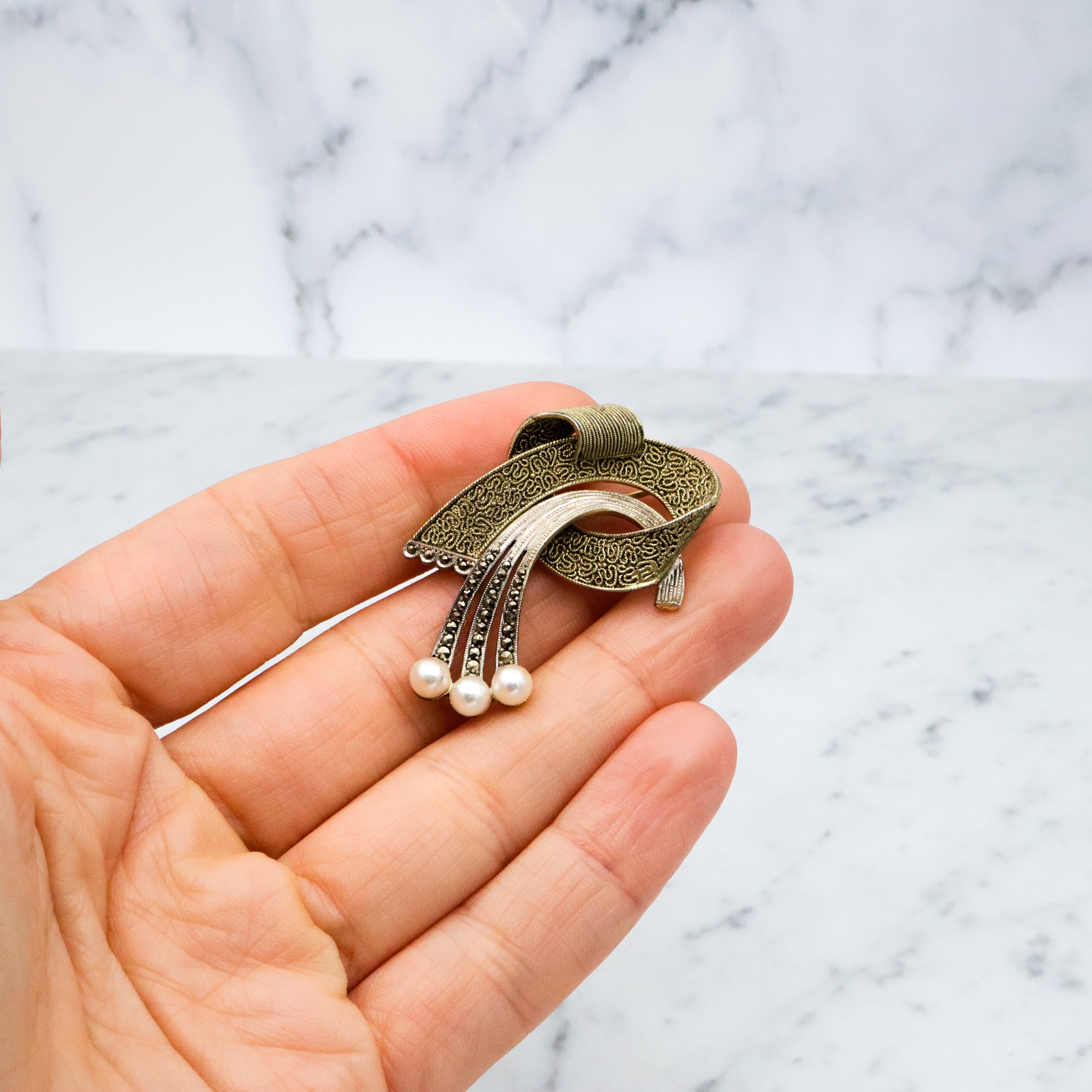 Antique Jugendstil Art Deco Theodor Fahrner vermeil sterling abstract brooch w/marcasites & pearls